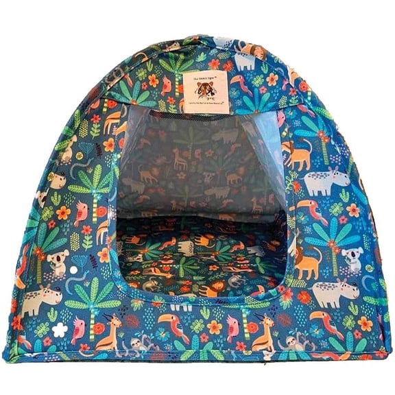 Triple T Studios Wild Safari Cotton Canvas Cat Tent Bed with Removable Mat, Natural