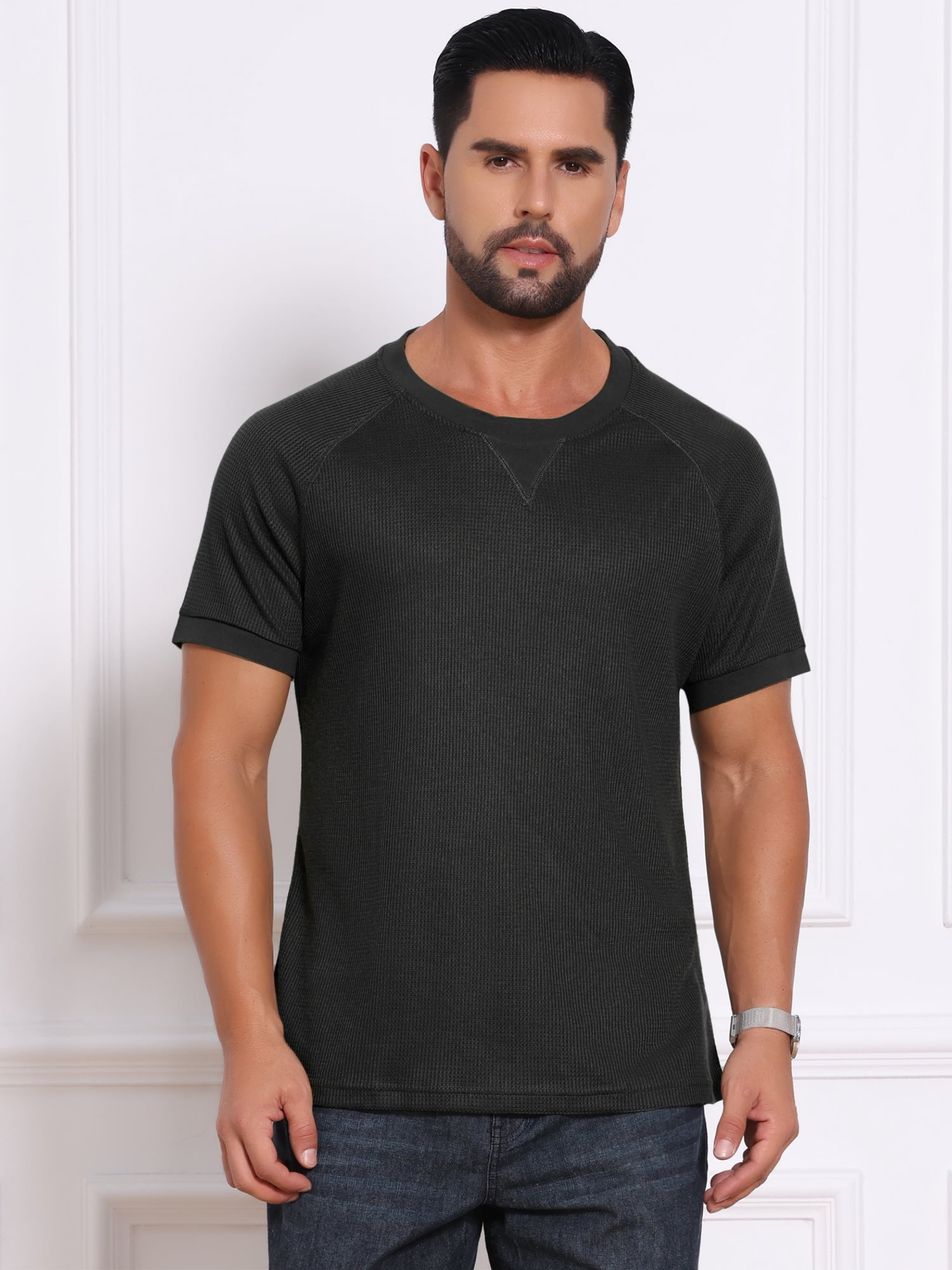 DARING DIVA Men's Waffle Fabric Classic Crew Neck Raglan Short Sleeves 2XL Black