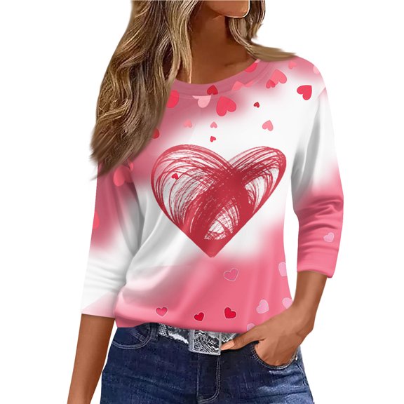 Fgvctg Valentine's Day Spring Shirts for Women Casual 3/4 Length Sleeve Crewneck Top Date Night Pullover Shirts Loose Cute Love Heart Print Half Sleeve Blouse Hot Pink 2XL