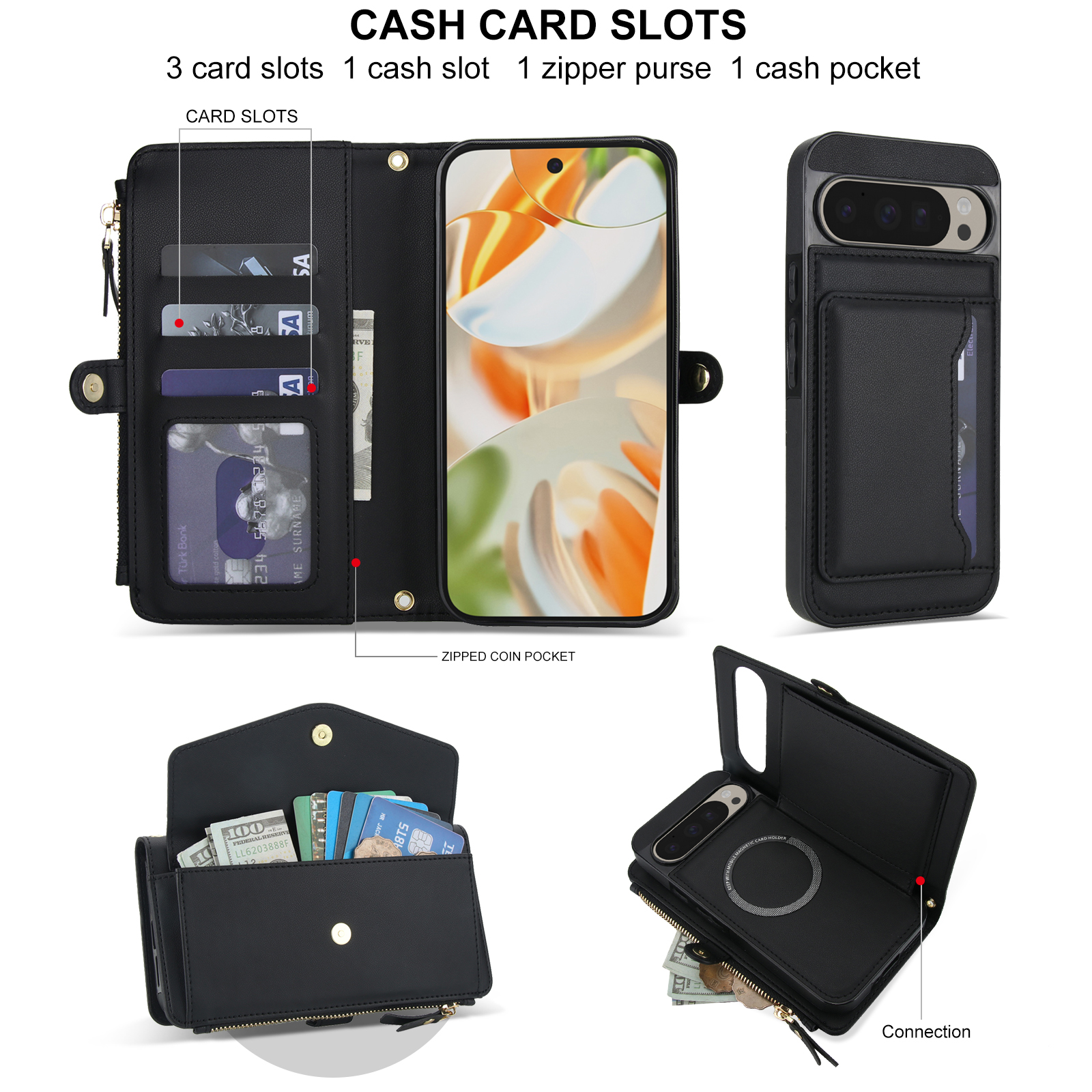 Designed for Google Pixel 8 Multi-Function Wallet Phone Case,With Shoulder Strap&Wrist Strap,Cash Pocket&Card Slots,Zipper Purse,Magnetic Detachable PU Leather Flip Phone Case,Black