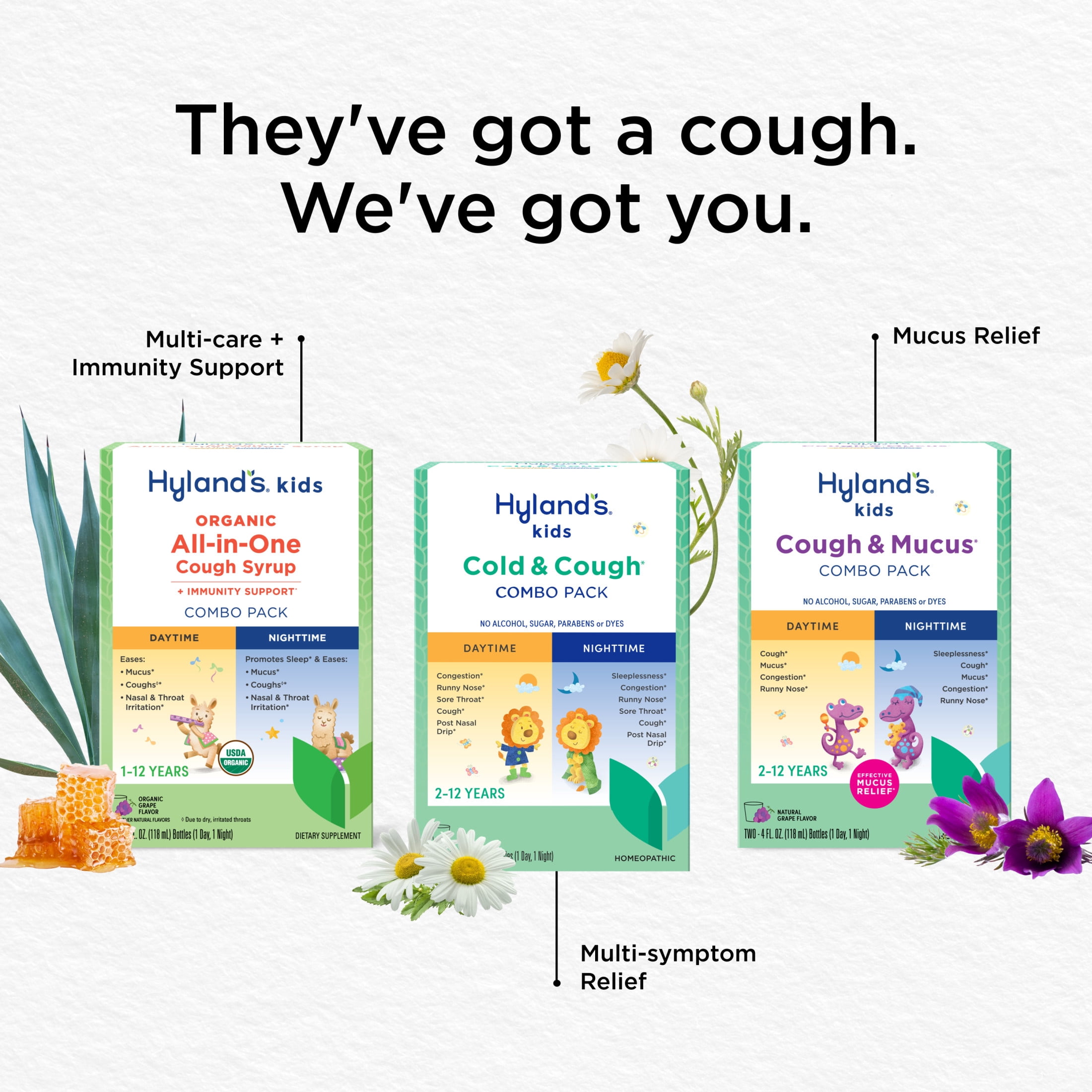 (3 pack) Hyland's Kids Cough & Mucus Grape Liquid, Day & Night Combo Pack, 8 fl oz