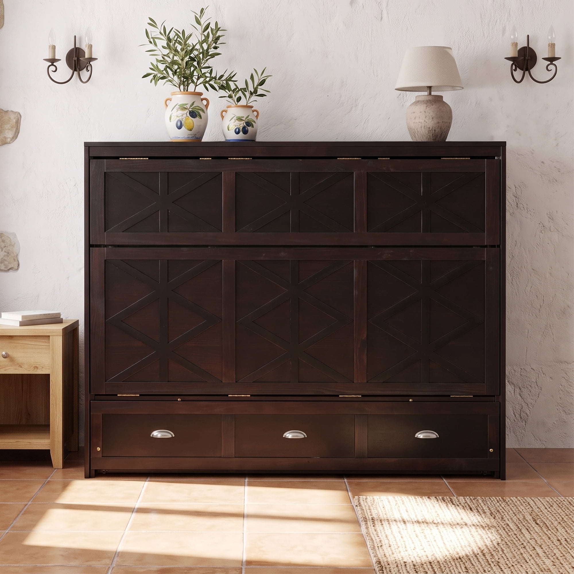 Full Size Murphy Bed with Large Drawers and Charging Station for Bedroom, Guest Room
