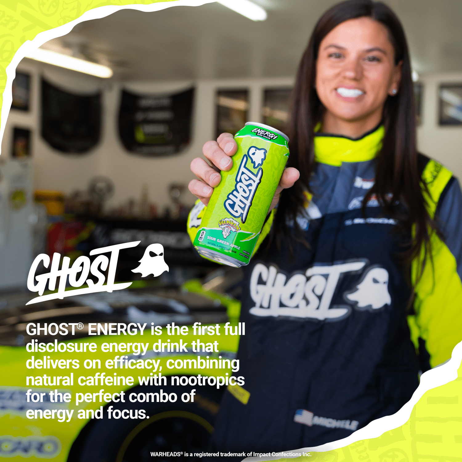 GHOST Zero Sugar Energy Drink, WARHEADS Sour Green Apple, 16 oz Can, 12 Pk