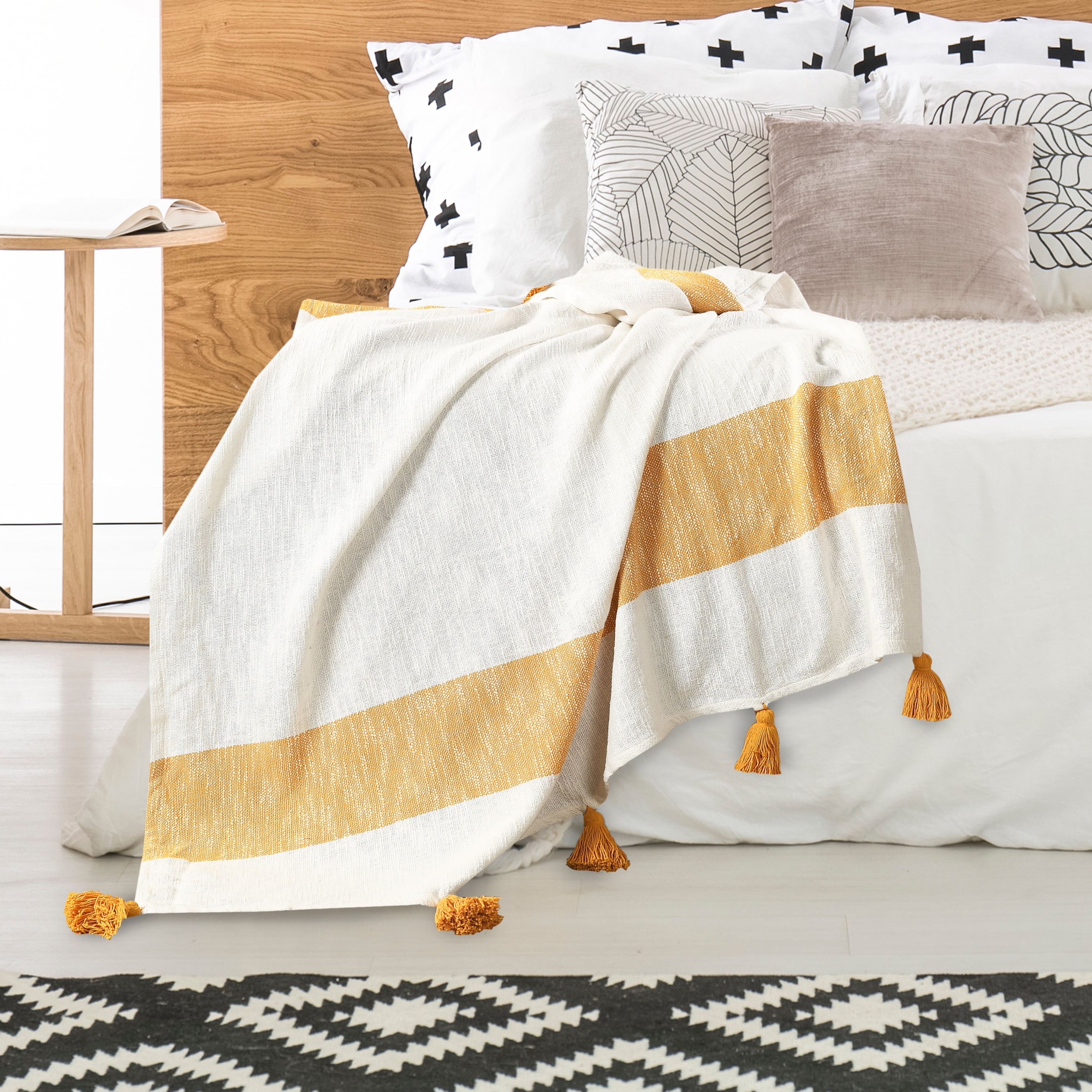Ox Bay Yellow Coastal Striped Adult Cotton Throw Blanket, 50" x 60"