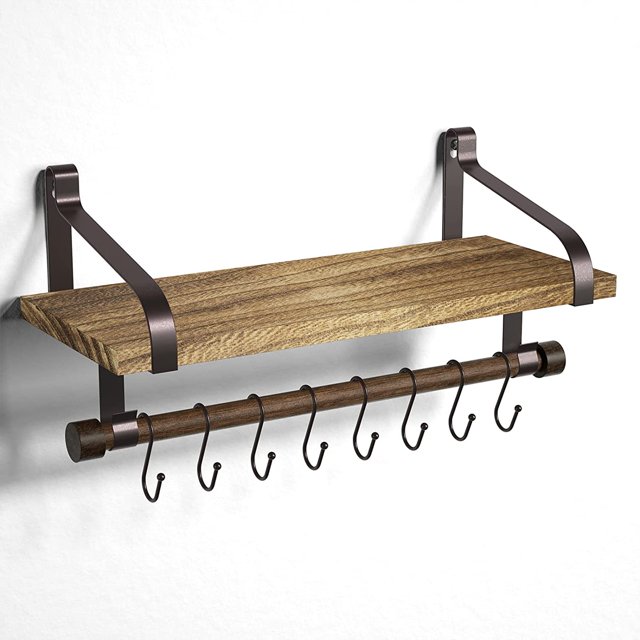 JM Estante flotante Estante de pared para almacenamiento Especiero de cocina de madera rústica con barra para toallas y 8 ganchos extraíbles para organizar utensilios de cocina o tazas Estantes negros/marrones carbonizados JM