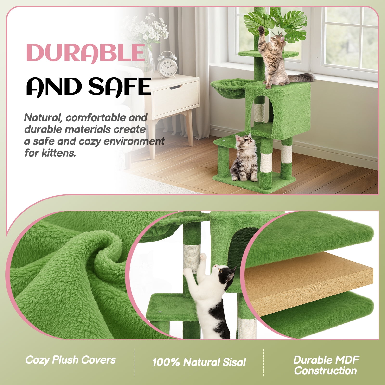 VINGLI Cat Tree, Cat Tower with Leaves, Cat Condo for Indoor Kittens, Cats Activity Center with Cozy Hammock, Sisal Scratching Posts, Green (48 inch)