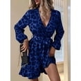 thumbnail image 6 of Leopard Glitter Dress Cheetah Ruffle Belted V Neck A Line Long Sleeve Elegant Casual Dress Blue L, 6 of 9