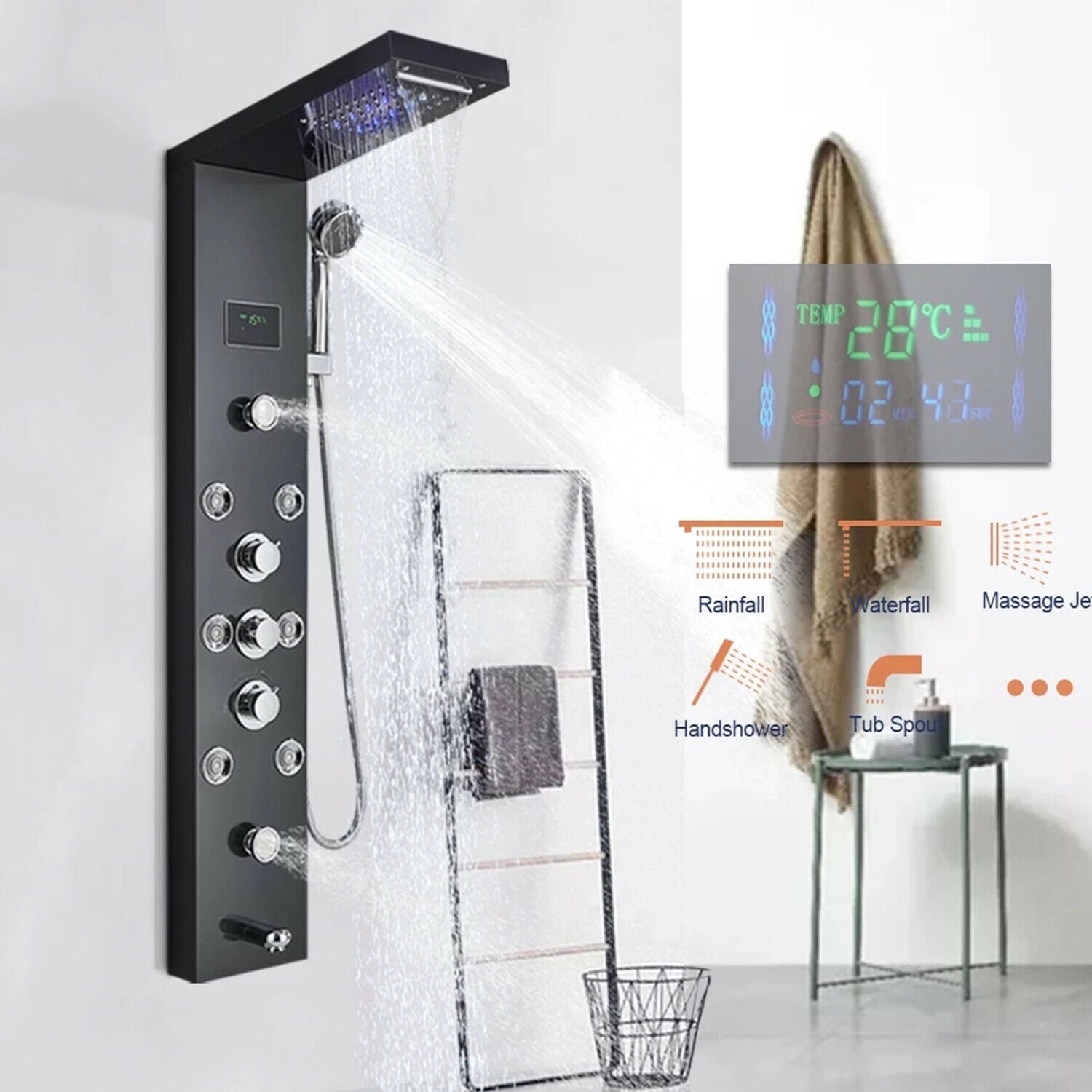 Brushed Black Shower Panel Tower LED Rain Waterfall  Massage System  Sprayer 