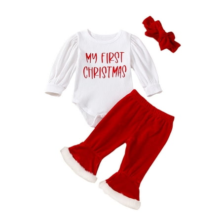 

Ma&Baby Newborn Baby Girl Christmas Casual Outfits Long Sleeve Romper + Velvet Flare Pants + Headband Set