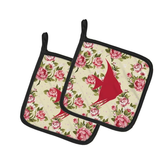 Caroline's Treasures BB1022-RS-YW-PTHD Fish - Angel Fish Shabby Chic Yellow Roses Pair of Pot Holders , 7.5HX7.5W,