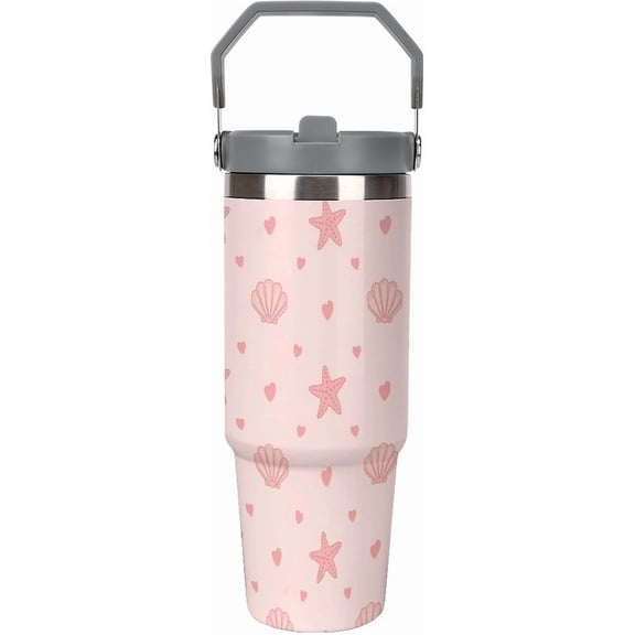 30 Oz Insulated Tumblers with Flip Straw Lid Top Handle Striped Bows Pink Leakproof Reusable Vacuum Stainless Steel Travel Coffee Mug for Car