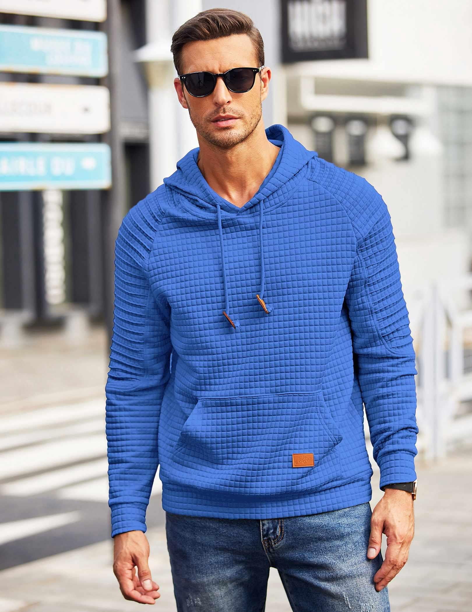 COOFANDY Men's Casaul Sweatshirt Long Sleeve Drawstring Knit Waffle Solid Hoodies for Men Slim Fit