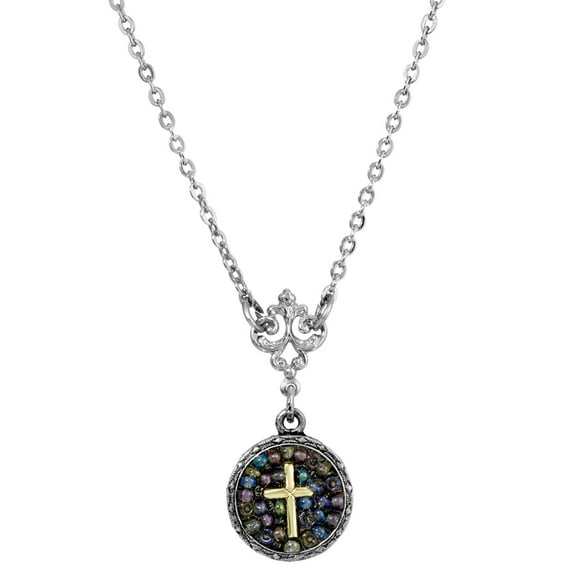 Symbols Of Faith Purple Seeded Beads Cross Round Pendant Necklace 16" 3" Extender