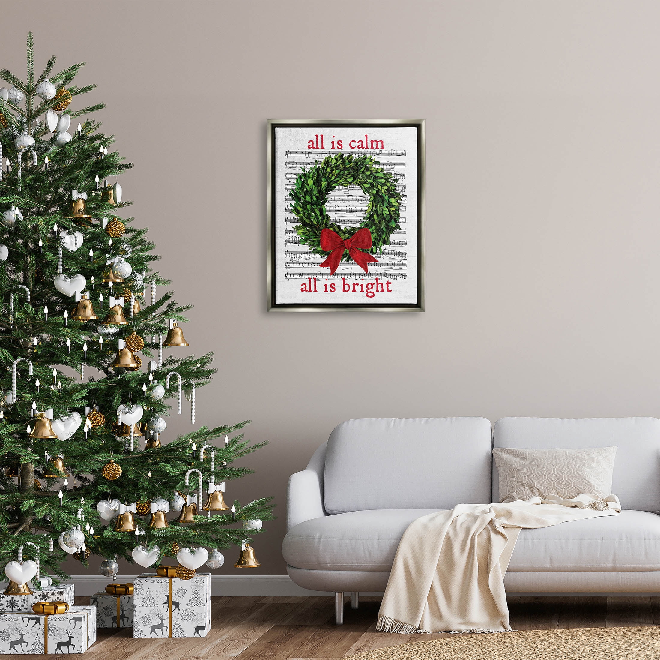Stupell Industries All Is Calm Christmas Song Graphic Art Luster Gray Floating Framed Canvas Print Wall Art, Design by Lettered and Lined