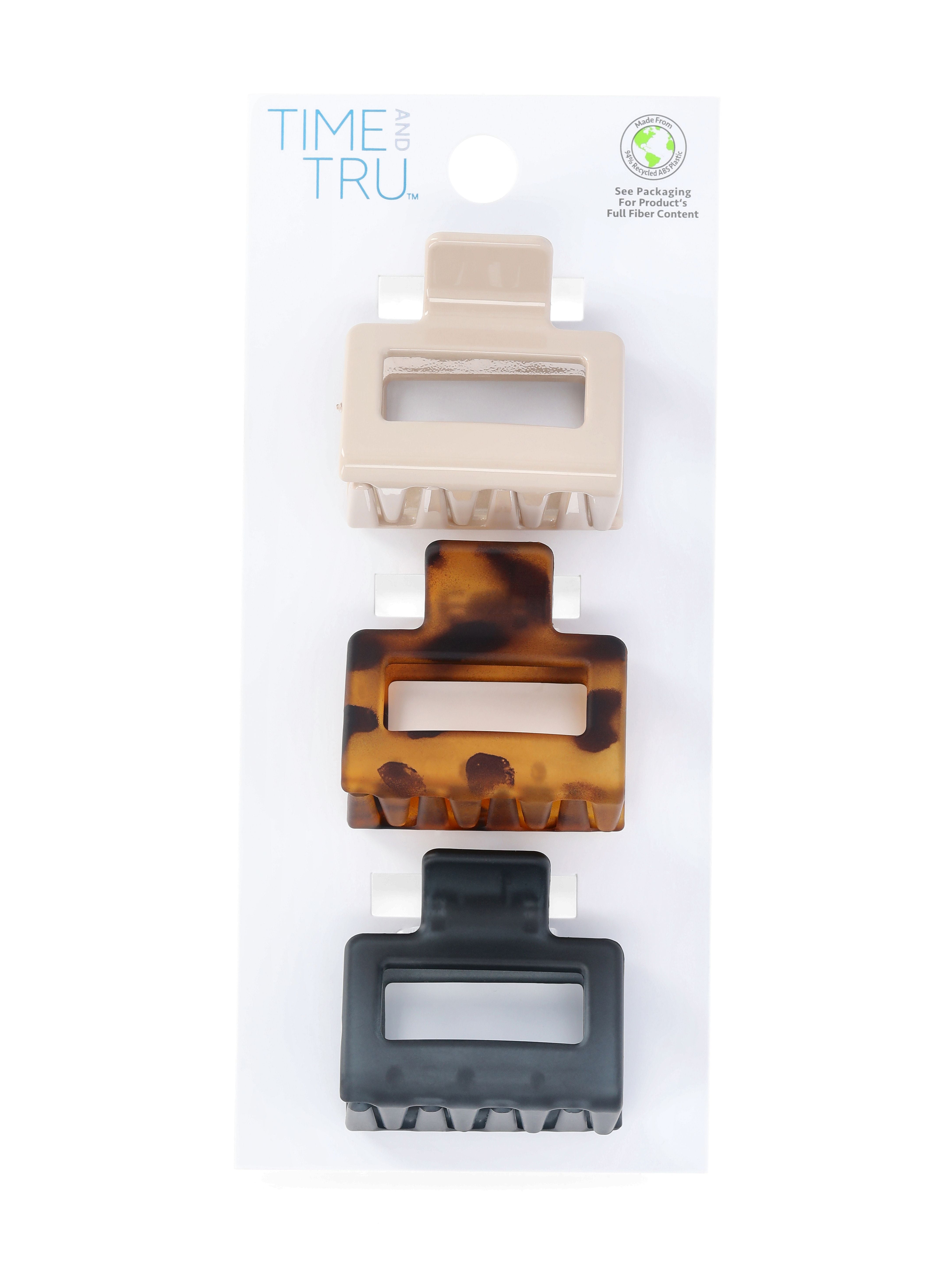 Time and Tru Women's Square Claw Hair Clips, 3-Pack, Brown