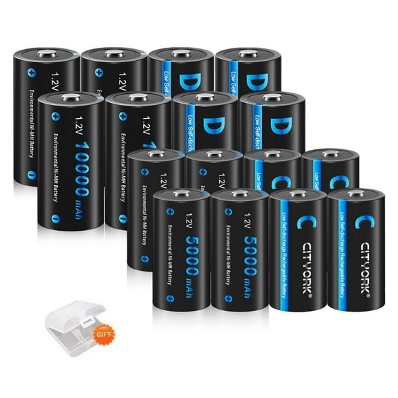 8 Pack C Cell Rechargeable Batteries 5000mAh and 8 Pack D Cell Rechargeable Batteries 10000mAh 1.2V Ni-Mh with 4 Pack Battery Case