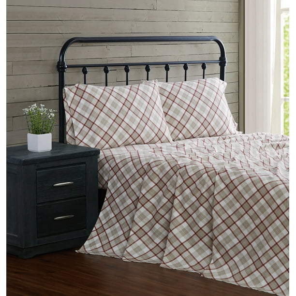 London Fog Tan Plaid Cotton Flannel 4 Piece Queen Sheet Set Walmart
