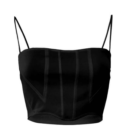 B91xZ Trendy Tops For Women Womens Vintage Strapless Open Back Boned Mesh Bustier Zip Back Corset Crop Top Black  M