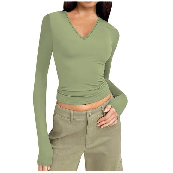 Gubotare Shirts for Women 3/4 Sleeve V Neck Rib Knit Slim Basic Tees Tops 2025 Fall Casual Tshirts Going Out Workout Outfits (Green,S)