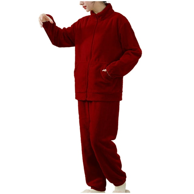 KIHOUT Womens Pajamas Warm Plush Thickened Pajama Set Zipper Pocket Home Suit Set