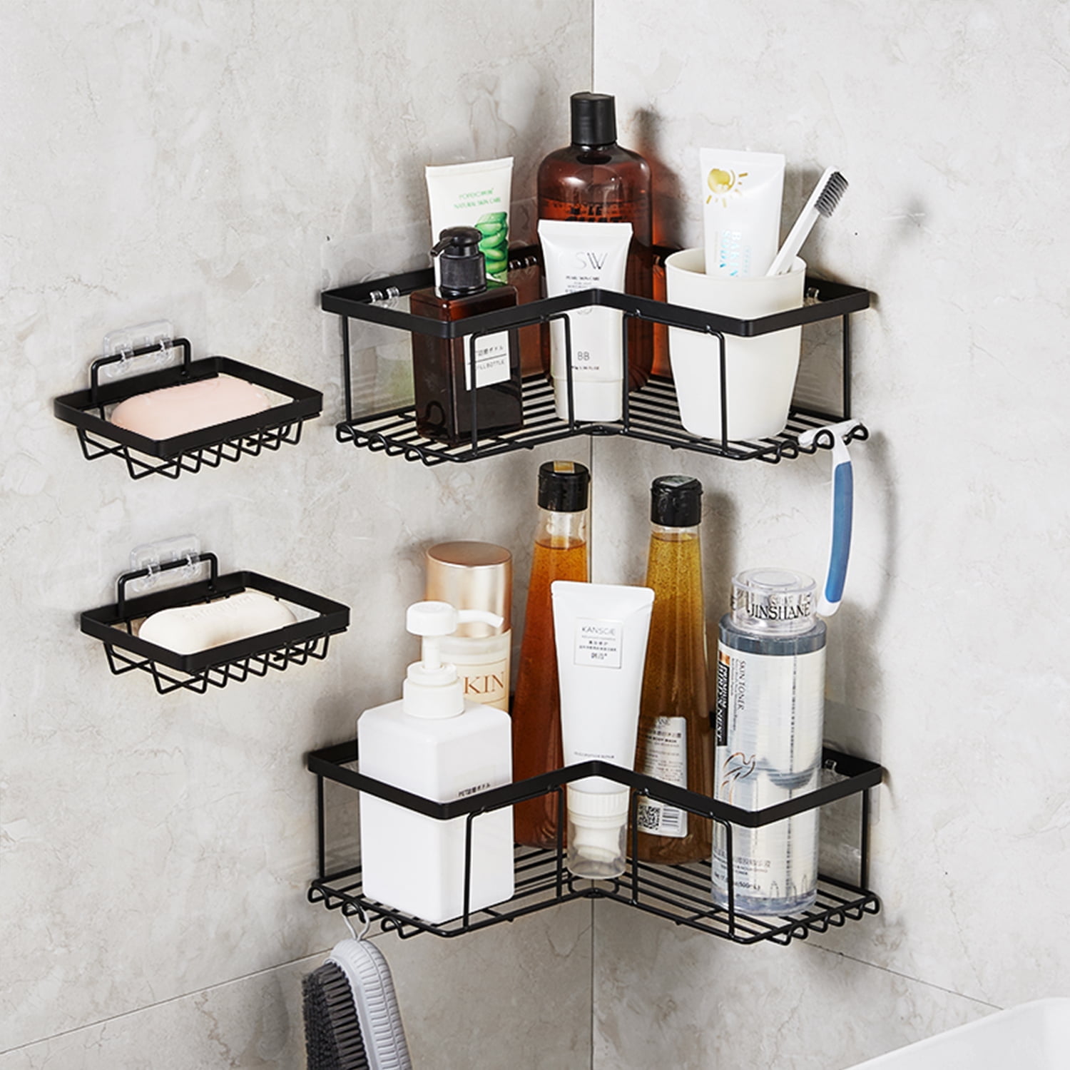 JS HOME Corner Shower Caddy, 3-Pack Shower Organizer Corner Shower Shelf  with Soap Holder and 12 Hooks, No Drilling Adhesive Wall Mounted Shower  Rack
