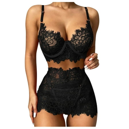 

GWAABD Hot Lingerie for Women Naughty 3PC Black Lace Women Lingerie Wireless Bra Thong Mini Skirts Pajamas Set