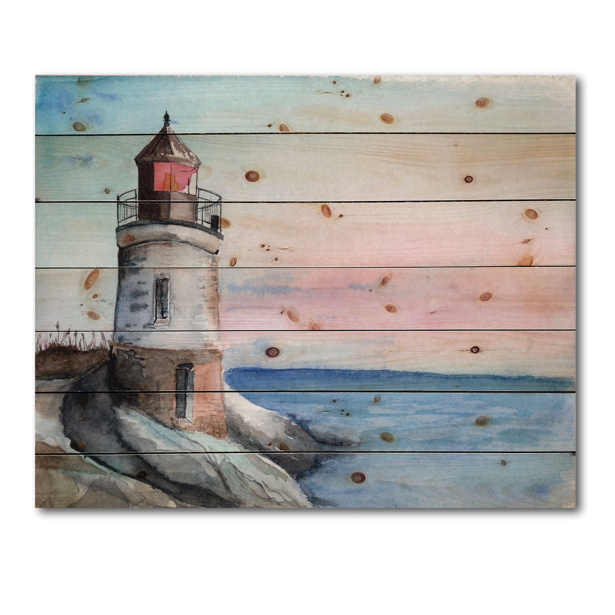 Designart 'A Lighthouse On A Rock Shore At Dawn' Nautical & Coastal Print on Natural Pine Wood