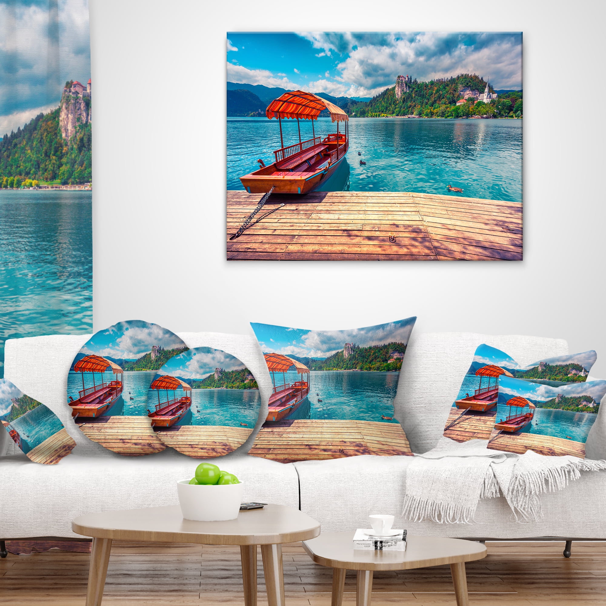 Designart Boat in Lake Bled In Julian Alps - Landscape Printed Throw Pillow - 18x18