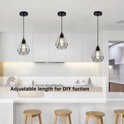 Modern Industrial Pendant Light 2 Pack Black Metal Geometric Cage E26 Hardwired Hanging Ceiling Light for Kitchen Island