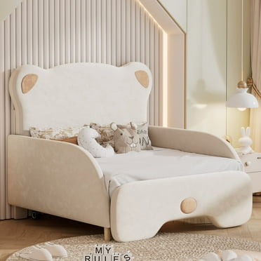 Churanty Twin XL Size Sofa Bed Frame with Adjustable Design, Bear-Shaped Upholstered Headboard and Footboard, Stretchable Platform Bed for Kids, Beige