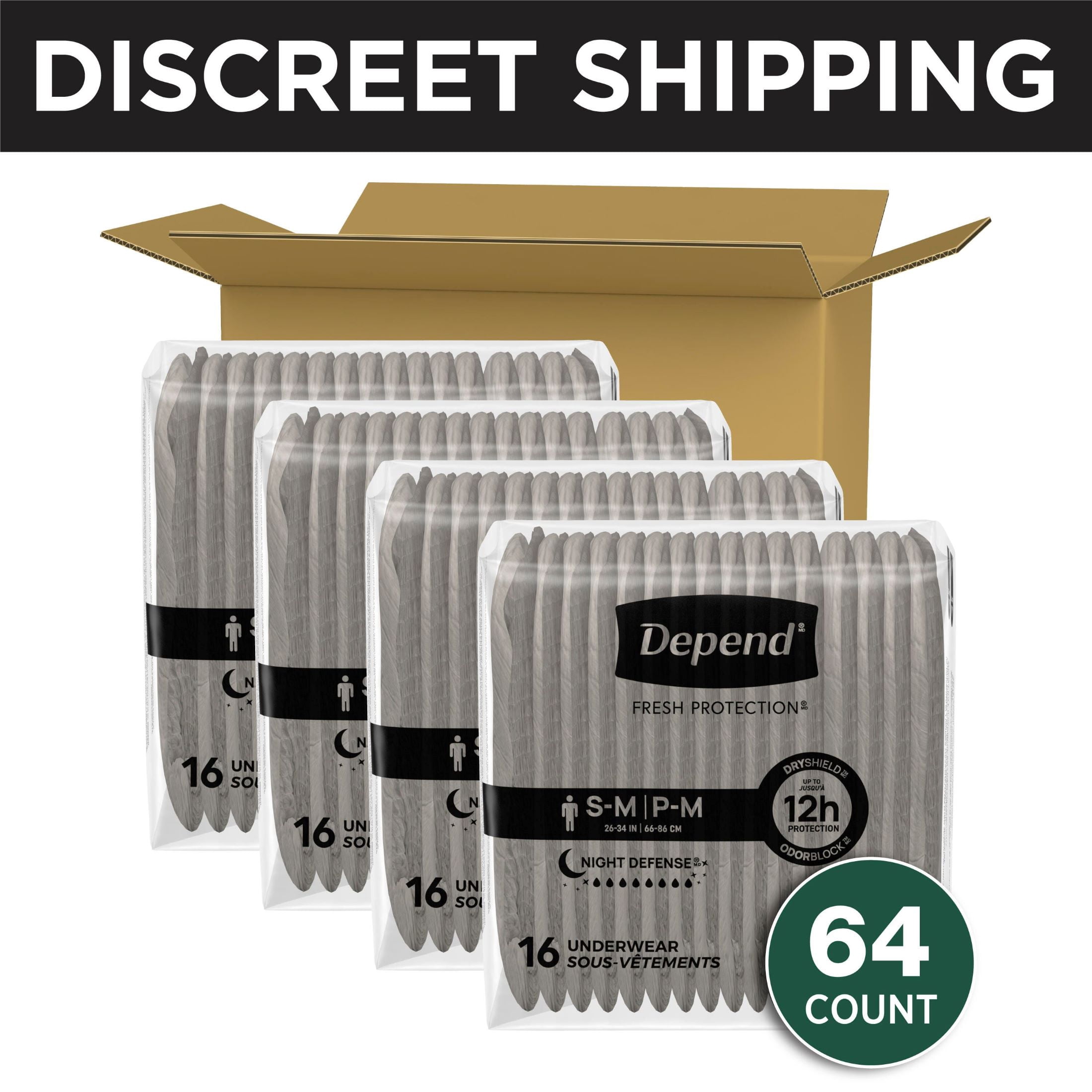 (2 pack) Depend Night Defense Incontinence Underwear for Men, Adult Diapers, S/M, 64 Count