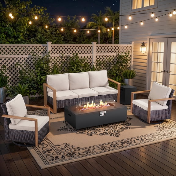 Patiobula Patio Luxury Oversized Furniture Set with Fire Pit Table, Outdoor All-Weather Sectional Swivel Rocker Chairs Sets, Wicker Conversation Set for Porch, Balcony, Deck, Brown/Beige