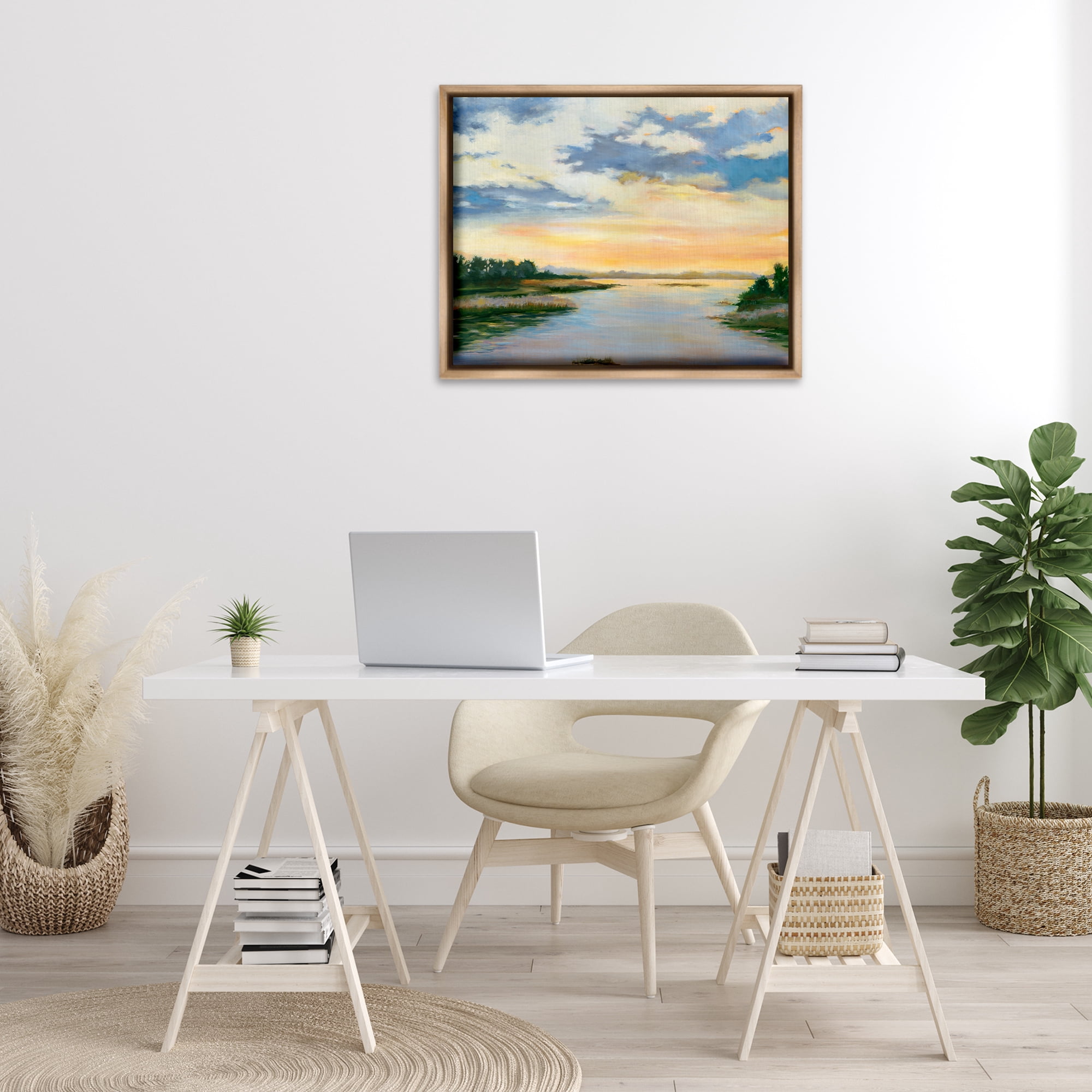 Stupell Industries Sunrise Over Shallow Water Landscape & Nature Painting Brown Floater Framed Canvas Art Print Wall Art, 31 x 25