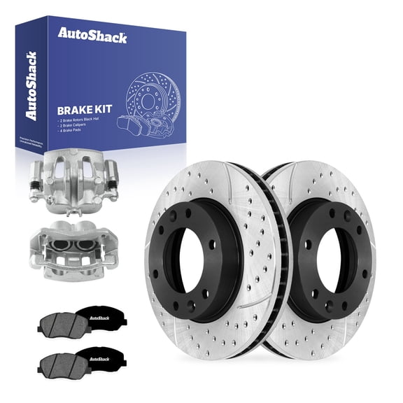 AutoShack Front Brake Rotors, Premium Pads & Calipers for Kia, Sedona 2006-2012, 2014, FWD V6 3.5L 3.8L - E-Coated Drilled & Slotted - ShadowGuard - 11.73" (297.9 mm), 6-Lug
