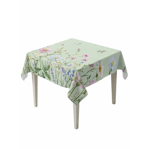 Flower Green Table Cloth, Blue Pink Daisy Wildflower Floral Botanical Waterproof Tablecloth for Square Tables, Reusable Washable Fabric Table Cover for Restaurant Kitchen Dining Tables 60"x60"