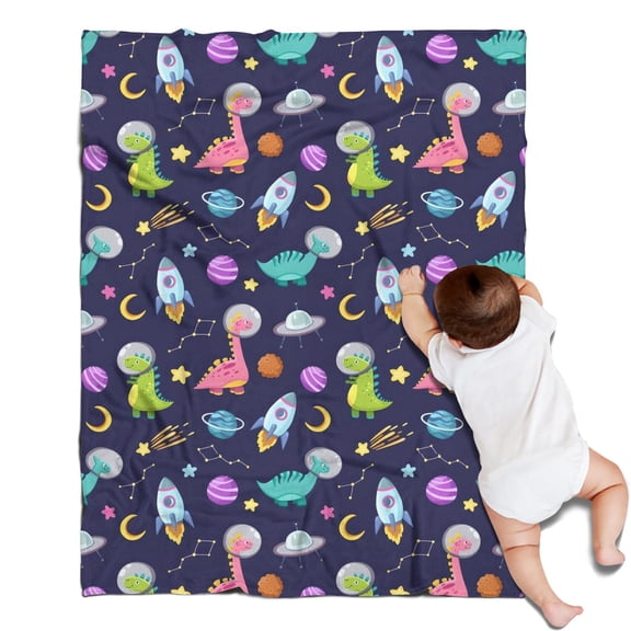DarkBlue Cartoon Dinosaurs Space Rockets Pattern Blanket,Comfortable Soft Flannel Throw Blanket,All Season,Warm Lightweight Blankets for Sofa Bed Couch Living Room Chair,30"x40"