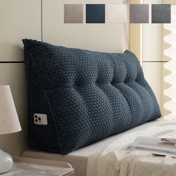 Lovote Triangular Headboard Pillow with Side Pockets, Bed Rest Reading Pillow, Removable & Washable Cover, Wheat Ear Velvet Texture Daybed Wedge Pillow for King Beds