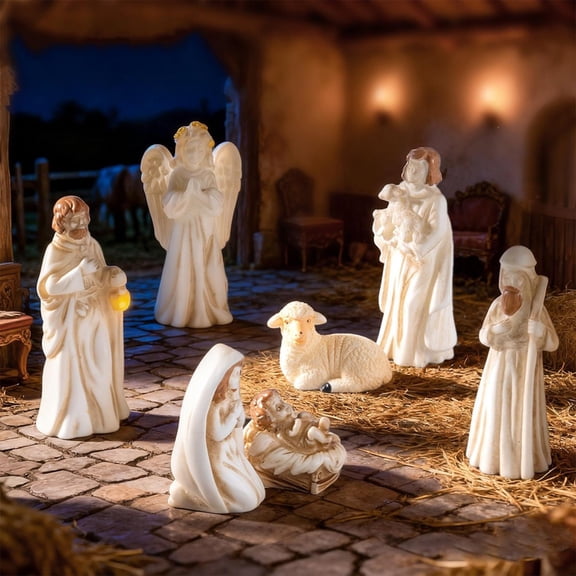 Miniature Nativity Set (7-Piece), Small Holy Family Figurines (1.9" Tall), Tiny Resin Christmas Manger Scene Decor for Tabletop, Mantel and Holiday Displays