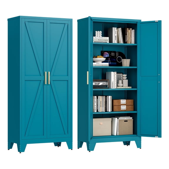 71" Rustic Barn Door Metal Cabinet, Steel Storage Cupboard with Adjustable Shelves for Home Office Kitchen Pantry Organization, Peacock Blue