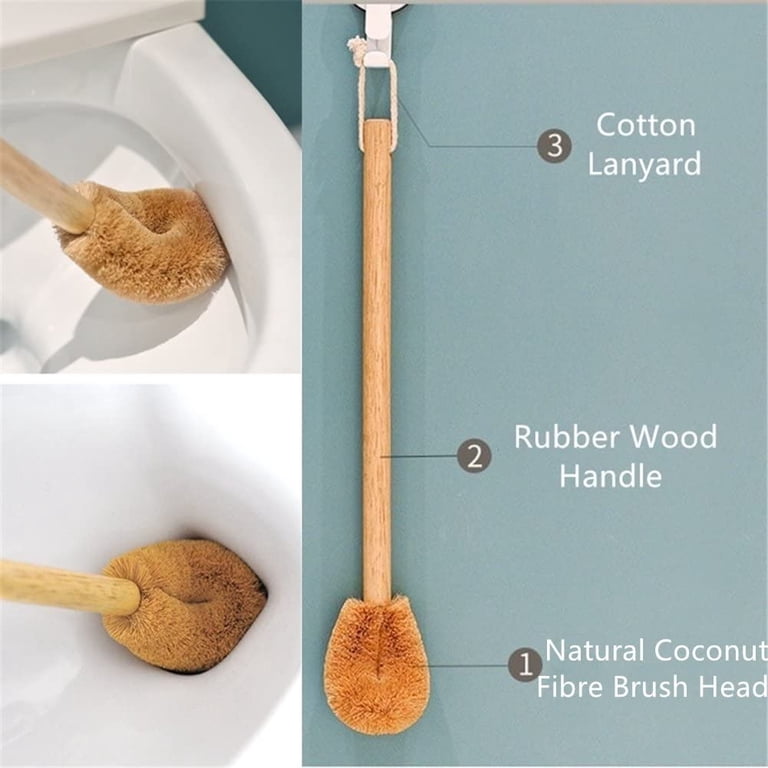 Natural Coconut Fibre Toilet Brush (2 Pack) - Wood Handle Bathroom Cleaning Brush With Cotton Lanyard