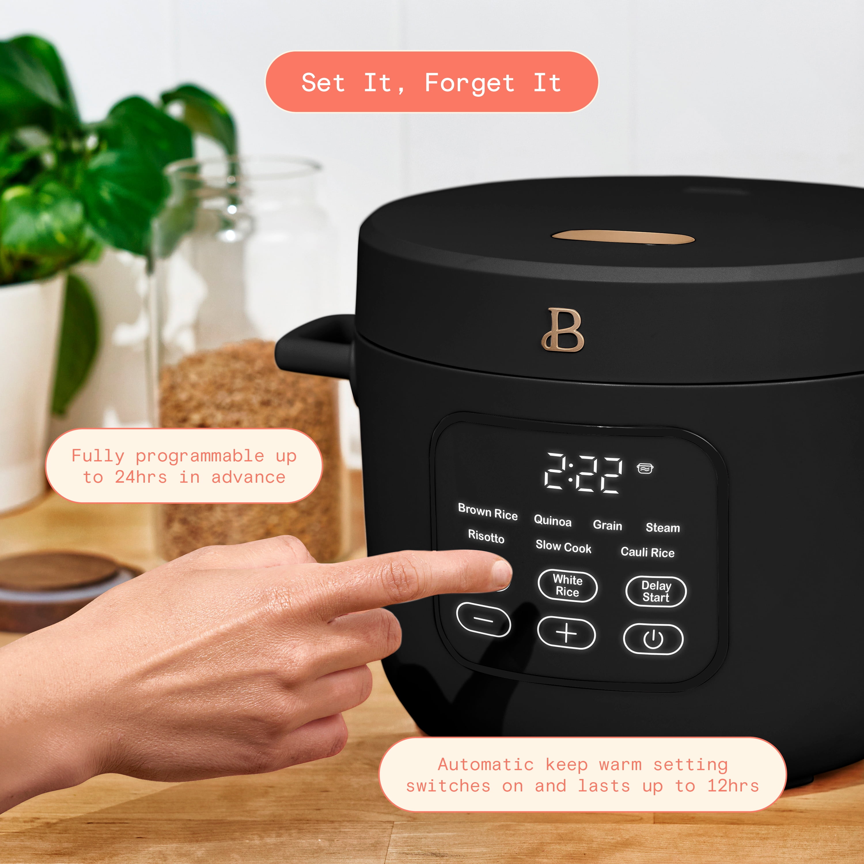Beautiful 14-Cup Cooked, 6-Cups Uncooked Electric Rice and Grain Cooker, EverGood™ Ceramic Nonstick Coating, Black Sesame by Drew Barrymore