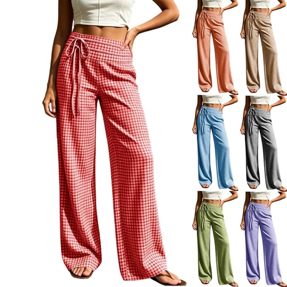 Women Plaid Tie Detail Elastic High Waist Straight Leg Pants, Side Pockets Loose Daily Casual Long Trousers Red XL(XL)