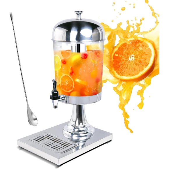 BBTEQEKN Distributeur de Boissons 2,2 Gal avec Support, Distributeurs de Boissons en Acier Inoxydable 8L avec Agitateur, Noyau à Glace, Robinet, Plateau d'Égouttement pour Fêtes, Acrylique Transparent, Argent