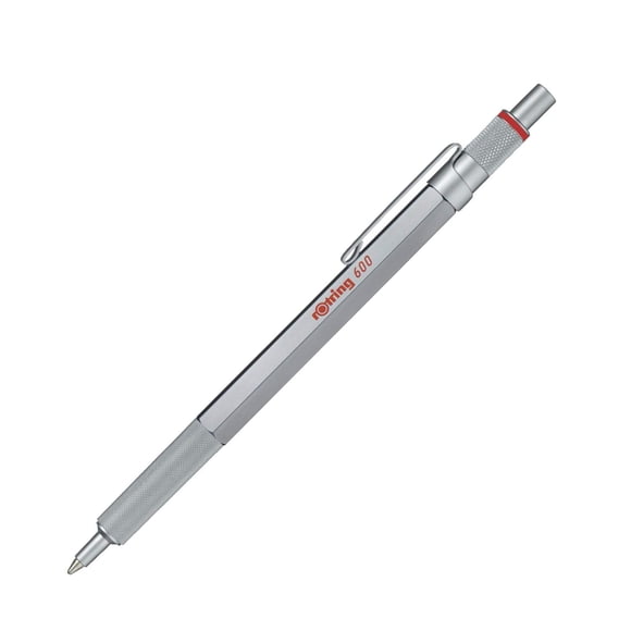 rOtring 600 Stylo à Bille, Pointe Moyenne, Encre Noire, Corps Argenté, Rechargeable, 1 Unité (Lot de 1)
