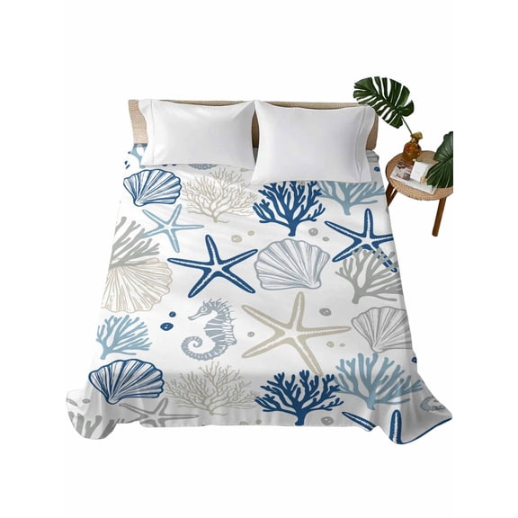 Blue Beige Coastal Flat Sheets Only Twin XL Size, Soft Breathable Bed Top Sheets for Mattress, Summer Beach Starfish Coral Nautical Luxury Bedding Flat Sheets for Home Hotel Bedroom Bed Protection