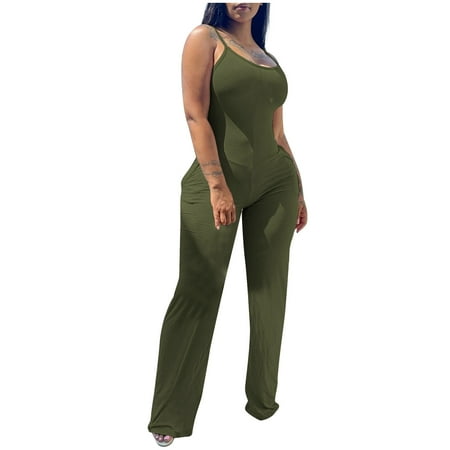 

Womens Jumpsuit Clearance Solid Casual Leisure Flared Pants Bib Pants Coverall Trouser Long Pant Sling Bodysuit One-Piece Leotard Green Pants for Women White Shapewear Bodysuit Green Xl