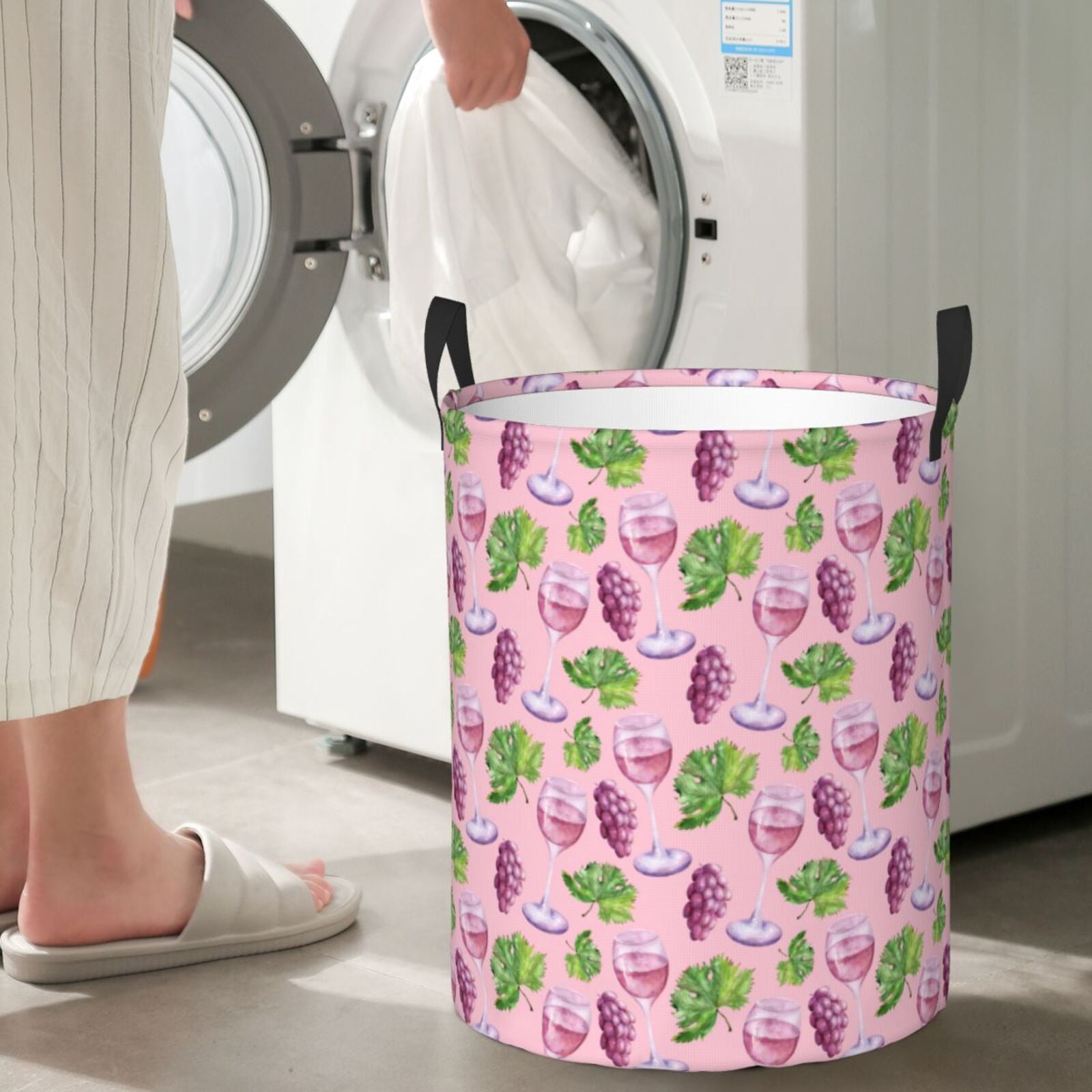 Large Laundry Basket with Handles - Purple Grape Wine Glass Print Kids Baby Dirty Clothes Laundry Hamper for Bedroom Aesthetic