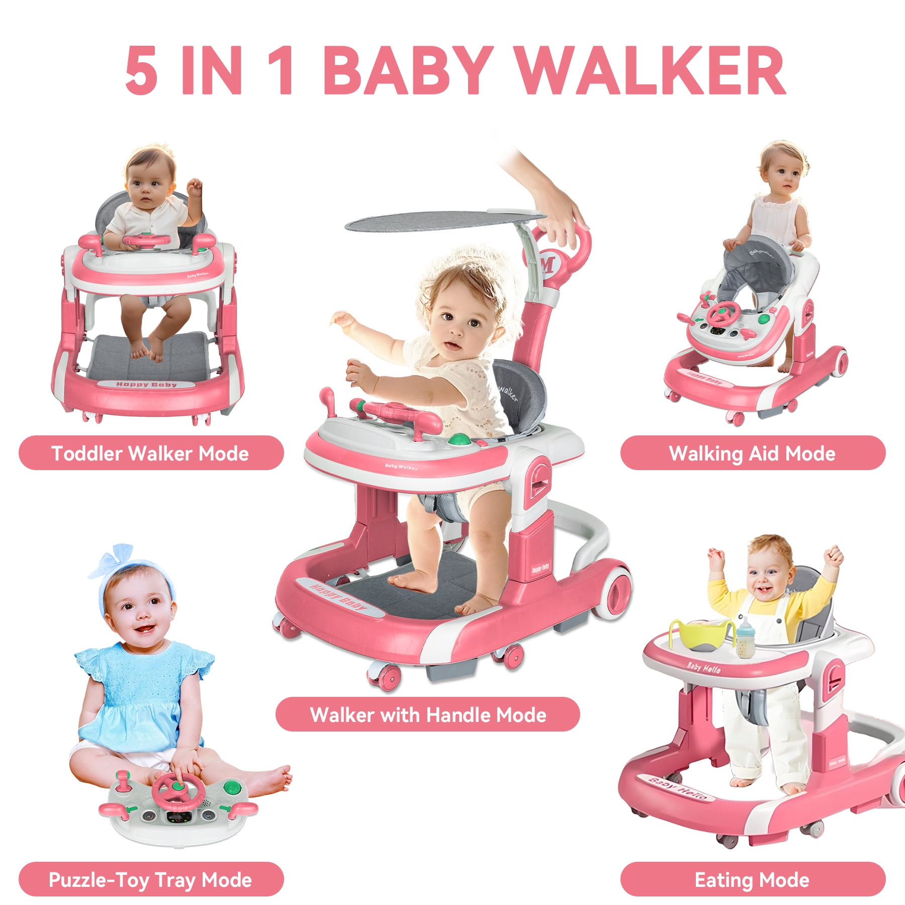 RICHYOUNG 5-in-1 Foldable Baby Walker with Wheels Music,Height-Adjustable Push Walker for Girl(Pink)