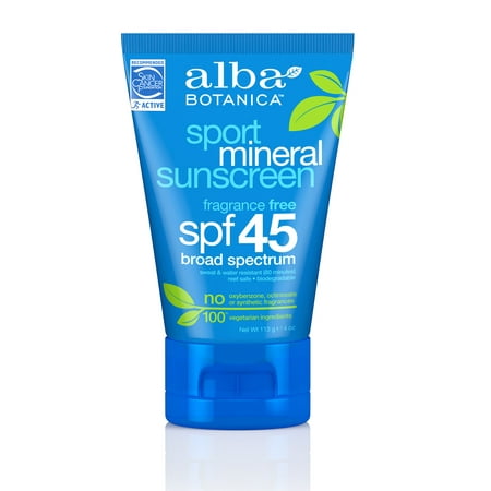 Alba Botanica Sport Mineral Sunscreen Fragrance Free Lotion SPF 45, 4 (Best Sunscreen For Women Of Color)