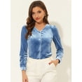 thumbnail image 2 of Blusa de mujer con cuello en V y manga larga de terciopelo con pliegues delanteros y botones Gris azul M, 2 of 5